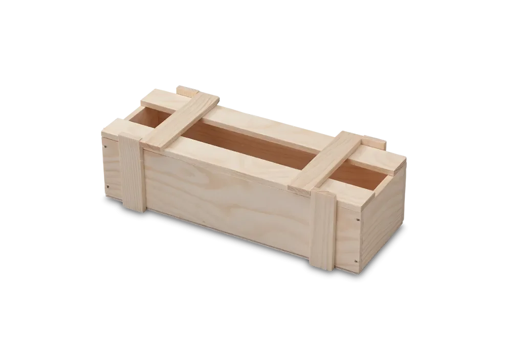 ustom-made wooden giftbox with decorative strips and nailed corner joints