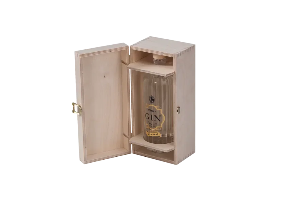 Scheffauer spirits box made of wood with bottle holder and metal closure.
