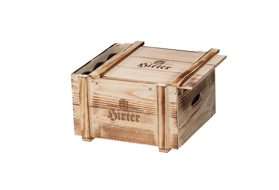 flamed wooden wine box with sliding lid and burn print