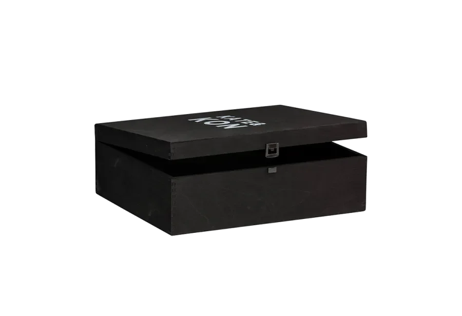 black box with screen printing and metal closure