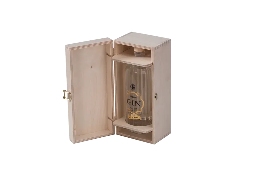 Scheffauer spirits box made of wood with bottle holder and metal closure.