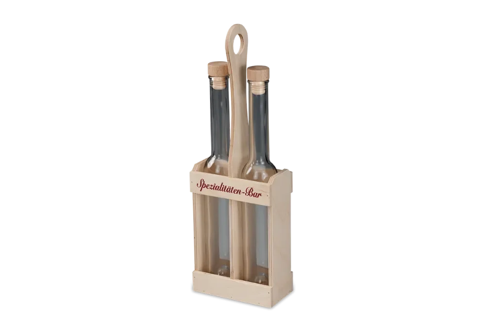 Birch wood bottle carrier for two liquor bottles