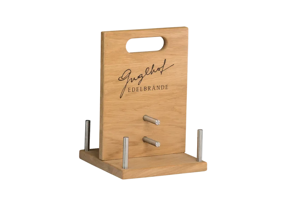 Bottle carrier for noble brandies made of solid wood with stainless steel holder