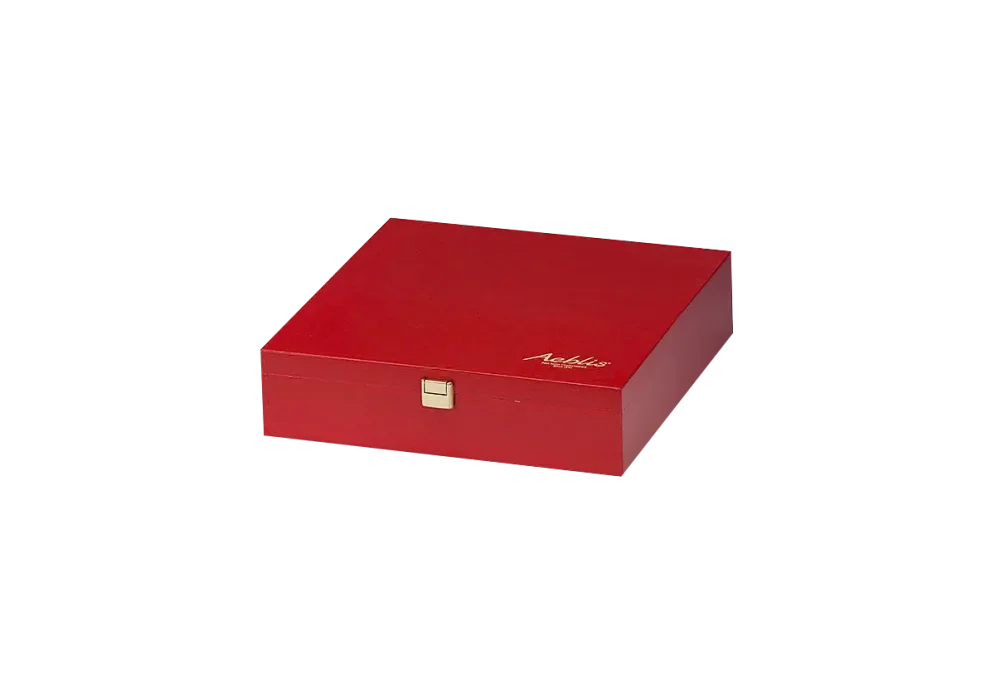 Cake box made of birch plywood, red lacquered and with golden embossed printing