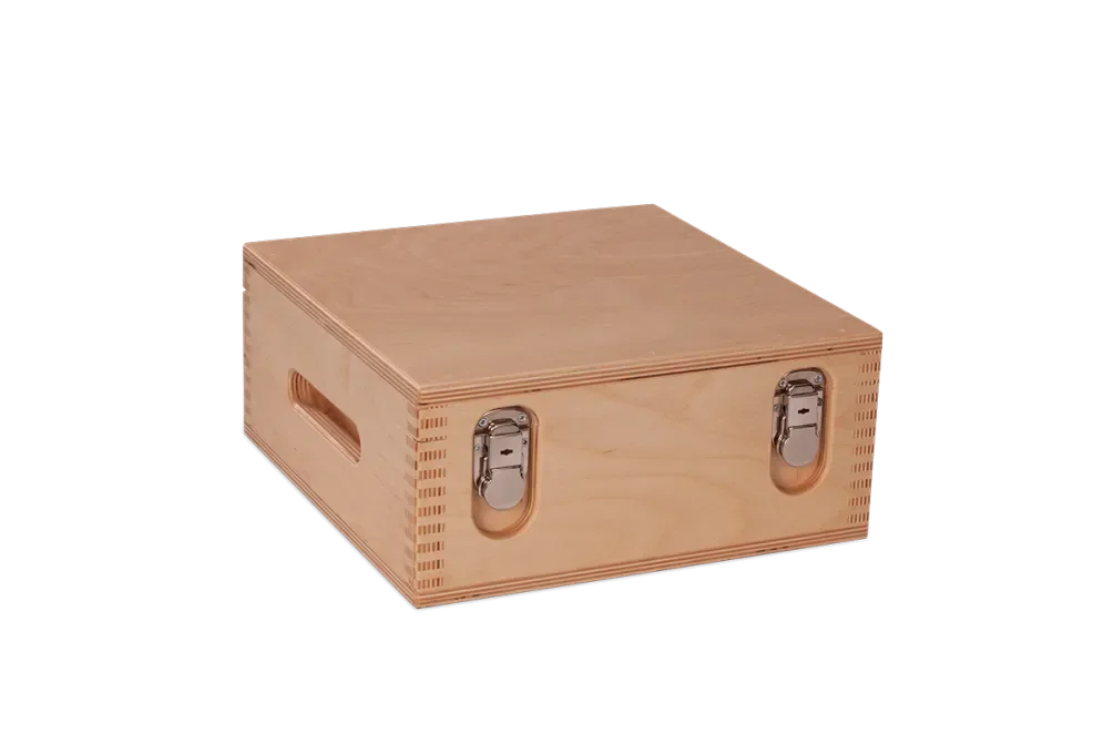 Tool box for heavy contents made of birch, with metal closure