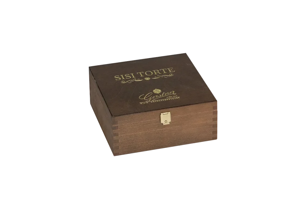wooden cake box stained and varnished with an embossing print