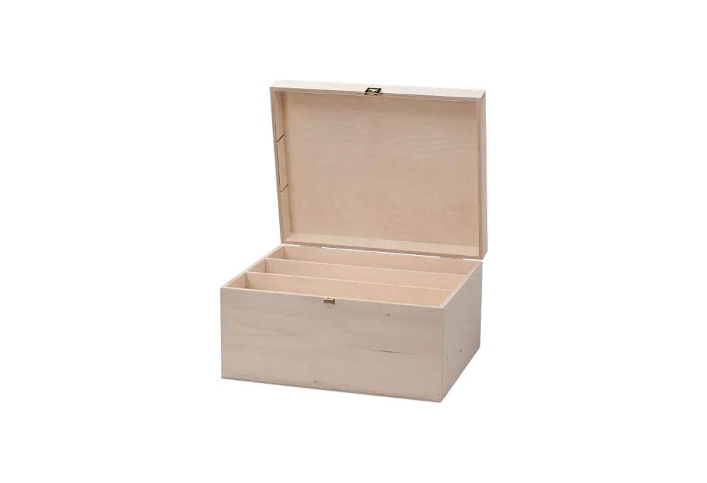 Wine box with 6 partitions made of solid birch wood with hinged lid