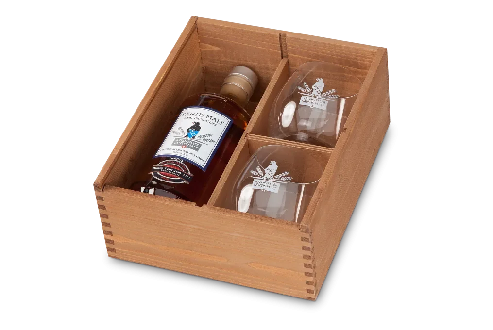 Presentation box made of spruce, stained brown with insert