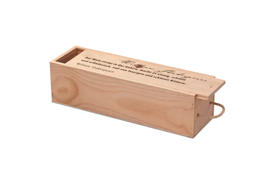 Wine box with sliding lid and carrying cord for transport (upright)