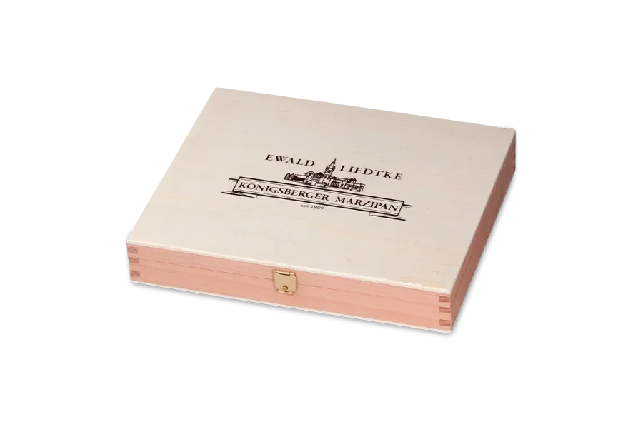 Poplar plywood praline box with silk screen printing and hinged lid