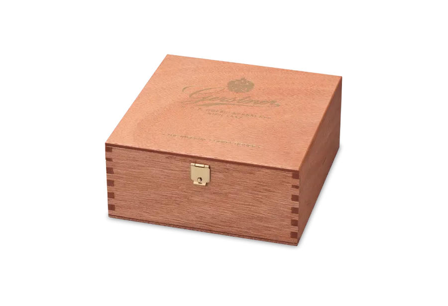 Gabon cake box with gold coloured embossed print and pronged corner joint