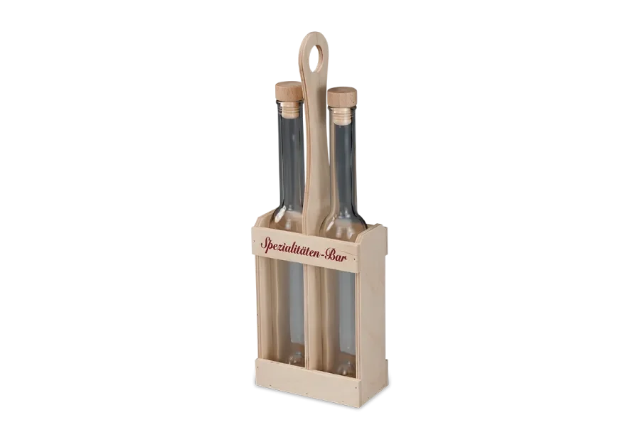 Birch wood bottle carrier for two liquor bottles