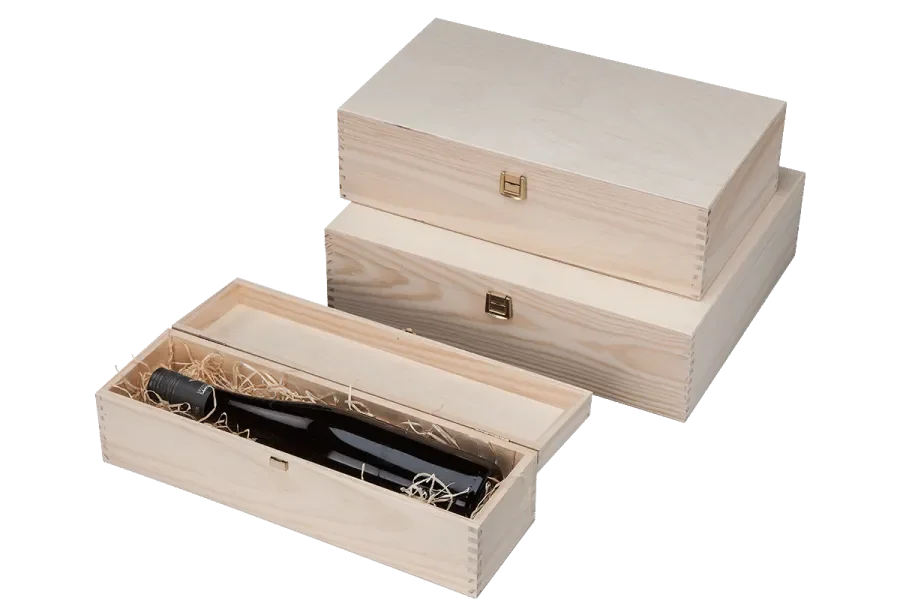 standard wooden wine crate with hinged lid
