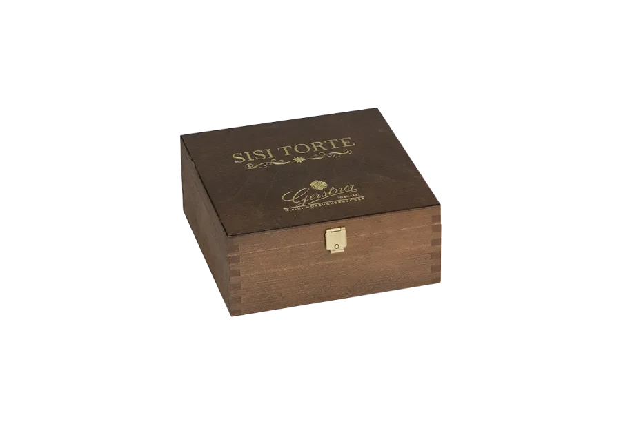 wooden cake box stained and varnished with an embossing print