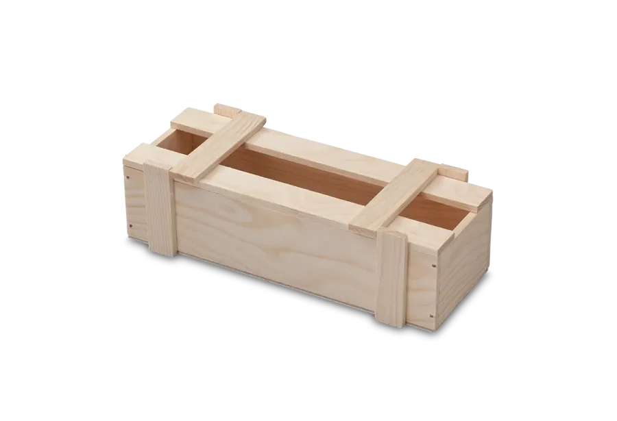 ustom-made wooden giftbox with decorative strips and nailed corner joints