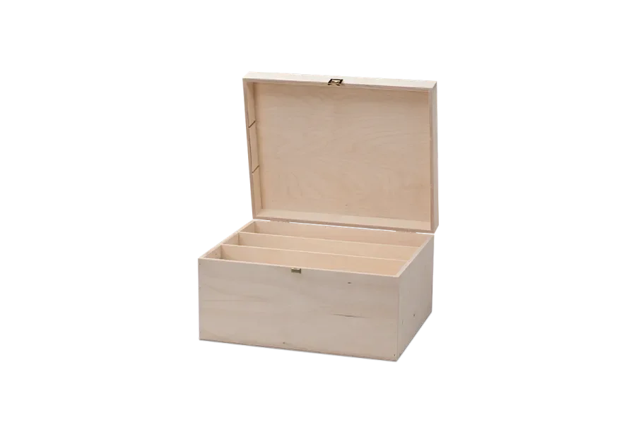 Wine box with 6 partitions made of solid birch wood with hinged lid