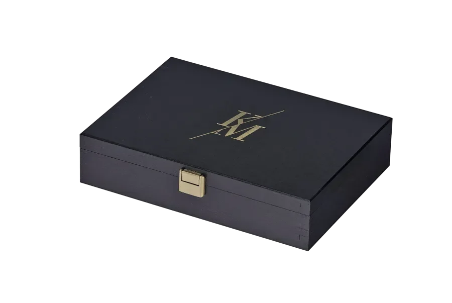 noble, black lacquered wooden box with embossed print from Scheffauer-Holzwaren