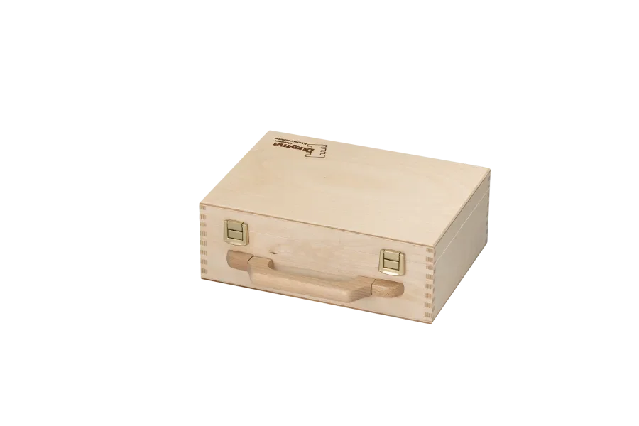 hinged lid box stained with brand print with metal closure